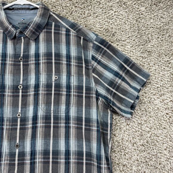 Kuhl Shirt Men's XL Blue Plaid Short Sleeve Button Up Linen Tapered Fit Hiking - Picture 4 of 16
